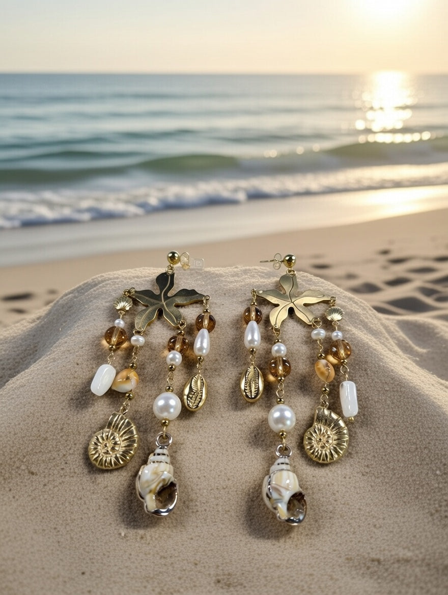 Boucles d’oreilles coquillages et perles pendantes en acier inoxydable