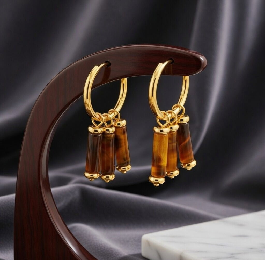 Créoles pendantes œil de tigre en acier inoxydable