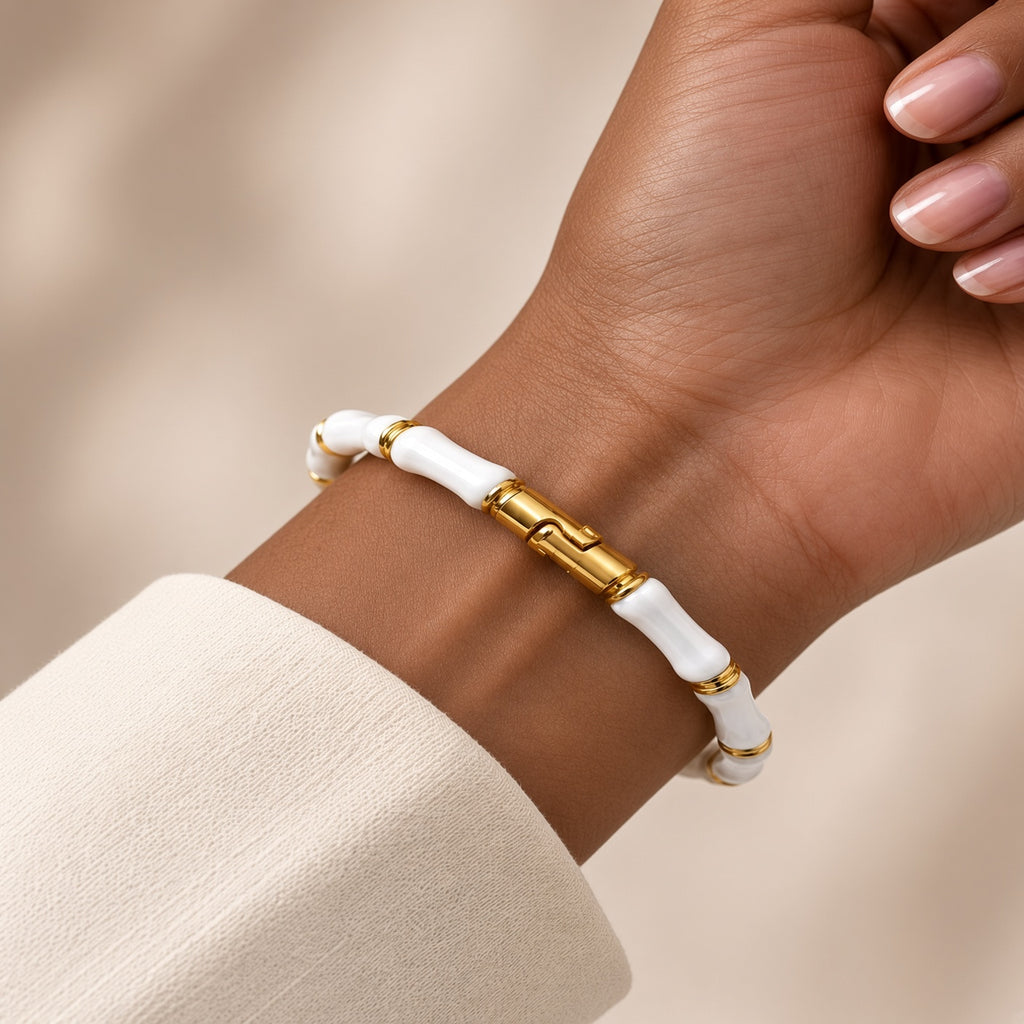 Bracelet jonc fantaisie en métal doré effet bambou