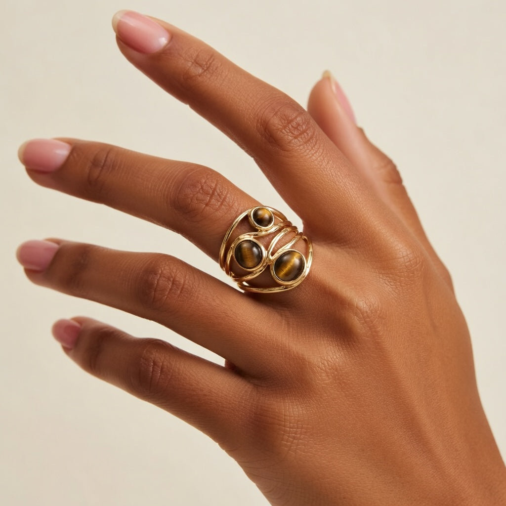 Bague en acier inoxydable avec pierres œil de tigre