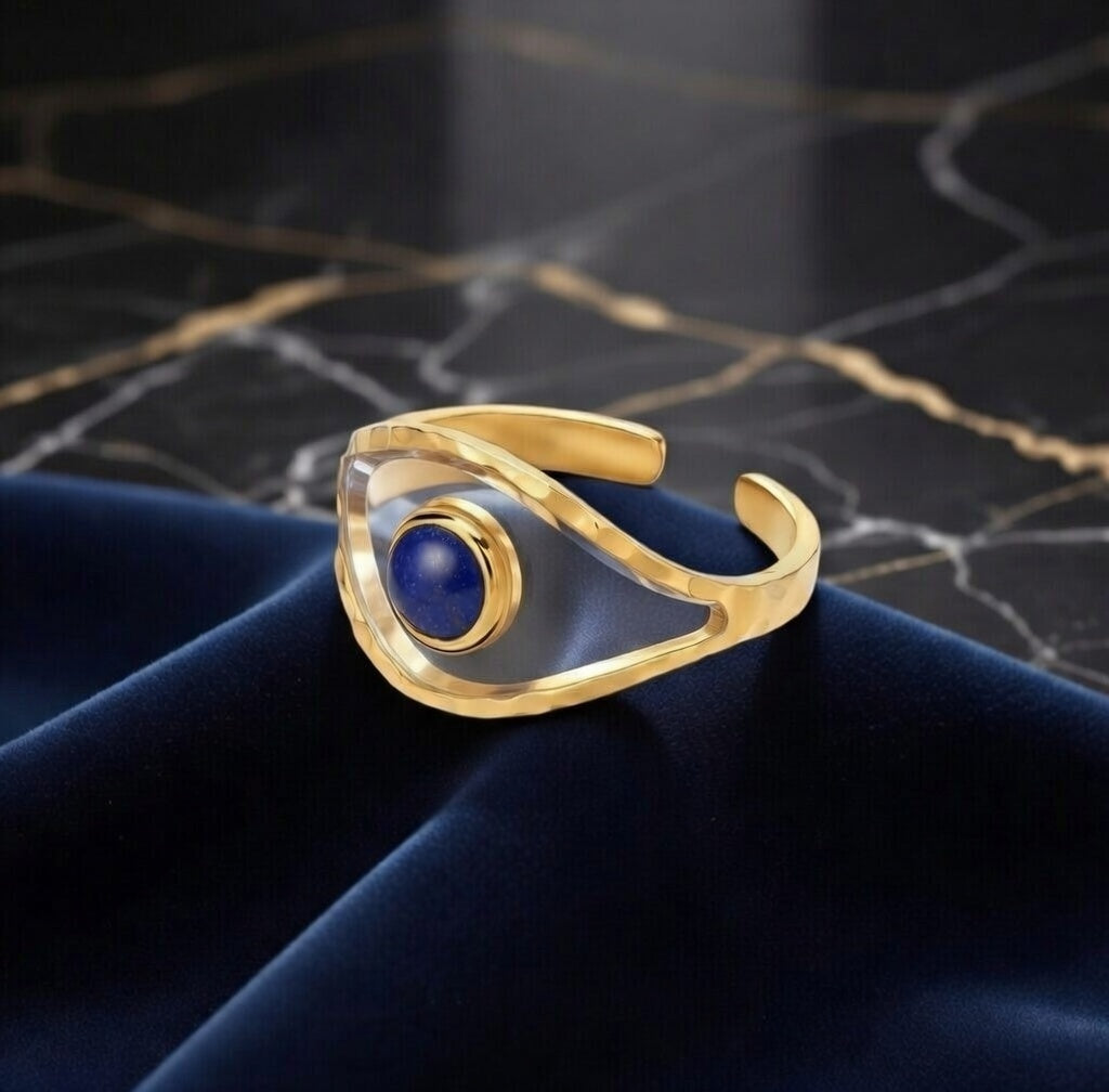 Bague ouverte en acier inoxydable avec pierre bleue