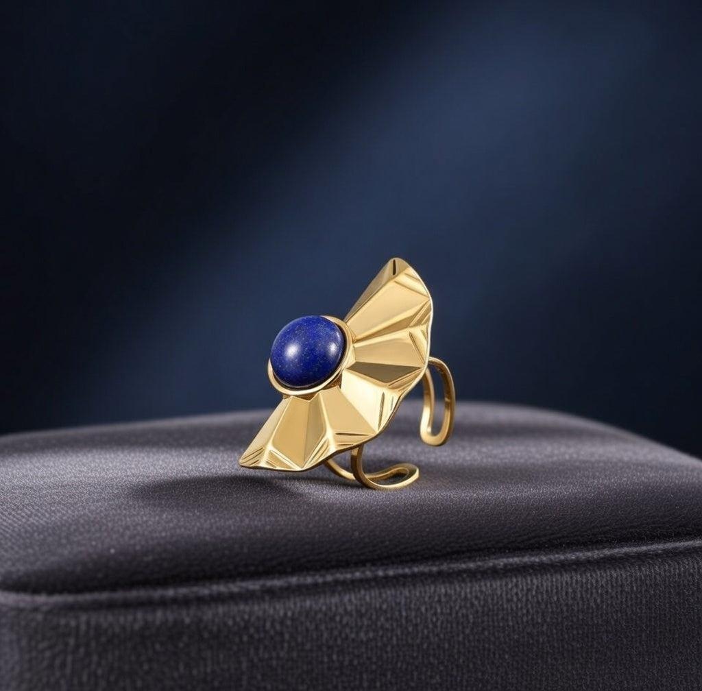 Bague éventail pierre bleue en acier inoxydable