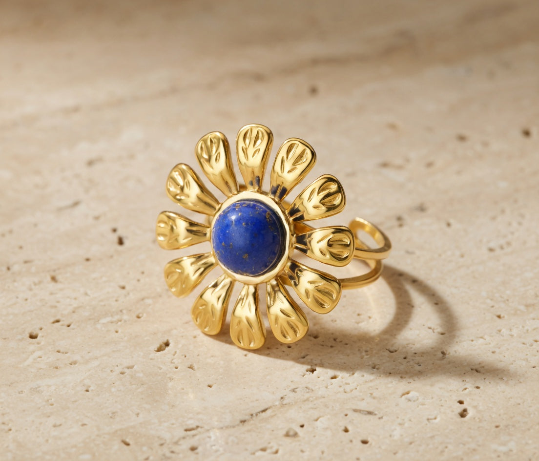 Bague fleur pierre lapis lazuli en acier inoxydable