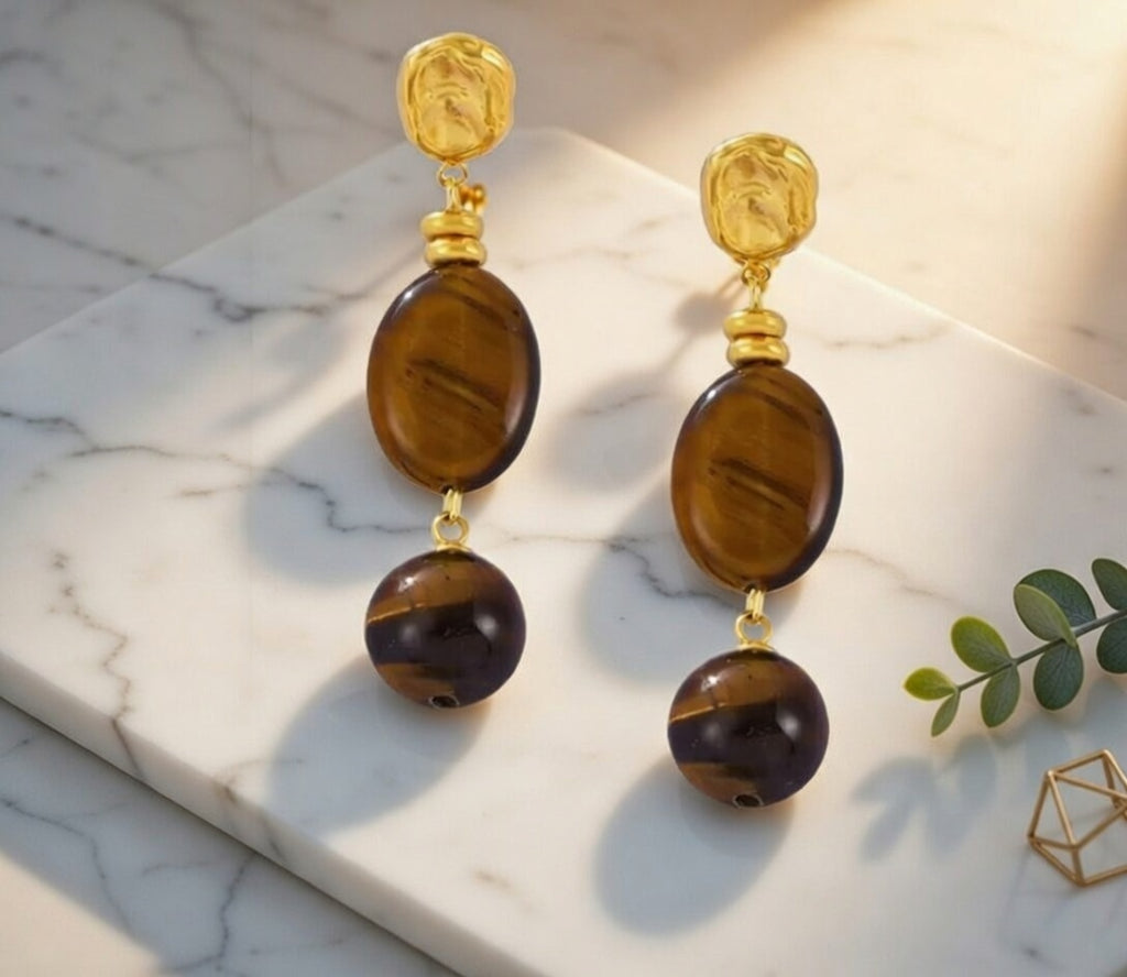Boucles d’oreilles pendantes œil de tigre en acier inoxydable