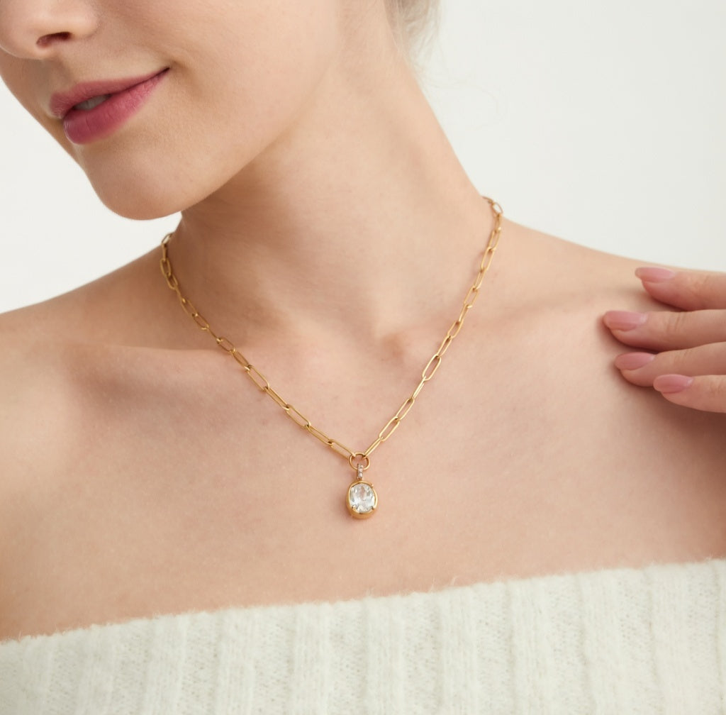 Collier maillons en acier inoxydable avec pendentif pierre