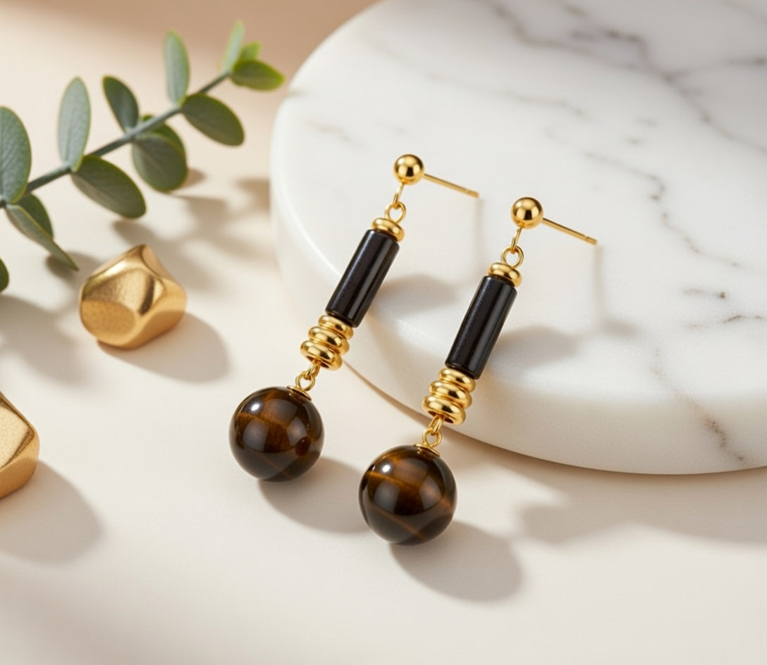 Boucles d’oreilles pendantes œil de tigre en acier inoxydable