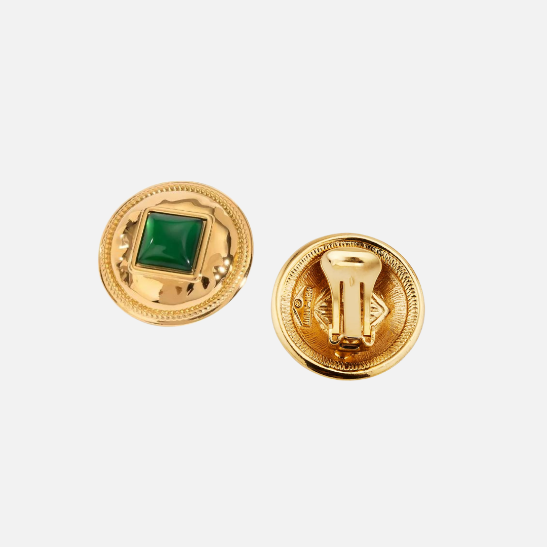 Boucles d’oreilles clip en acier inoxydable avec pierre verte carrée