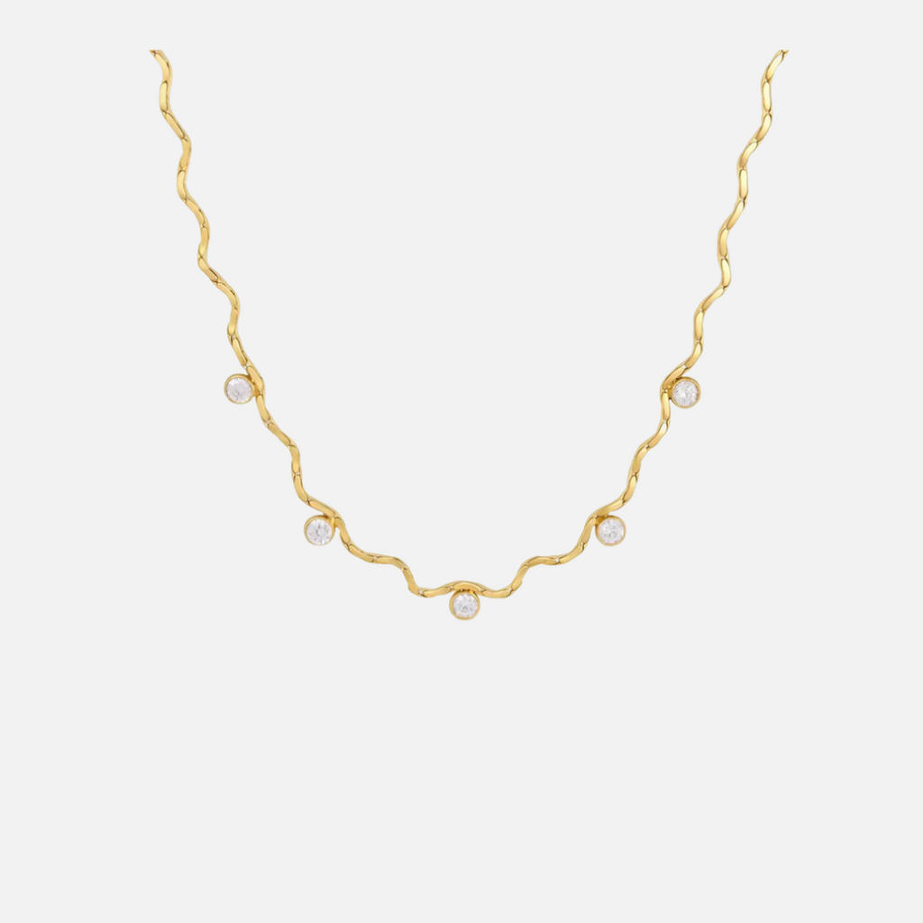 Collier ondulé doré en acier inoxydable avec pierres transparentes