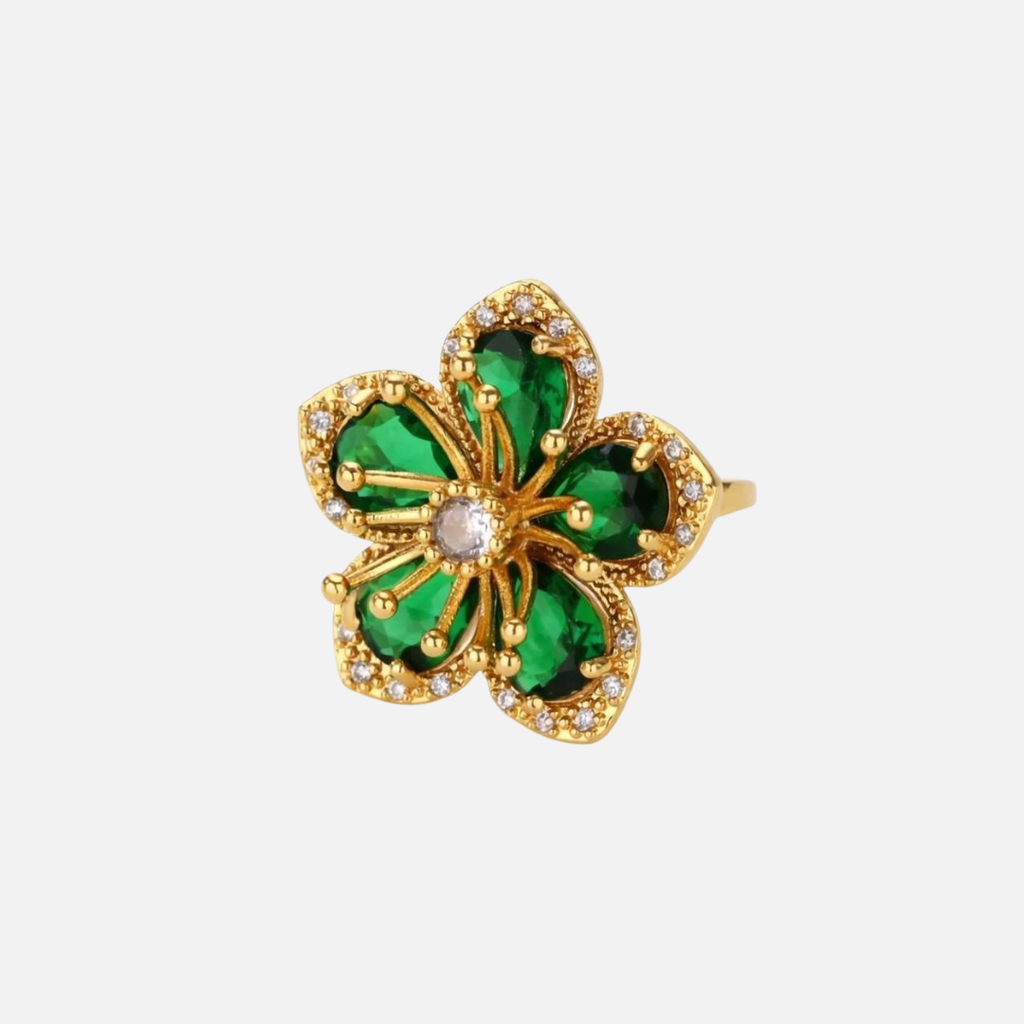 Bague fleur en acier inoxydable avec pierres vertes
