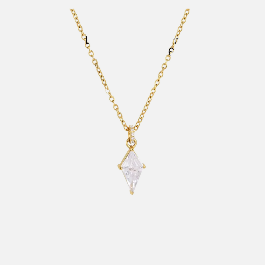 Collier doré en acier inoxydable avec pendentif losange transparent