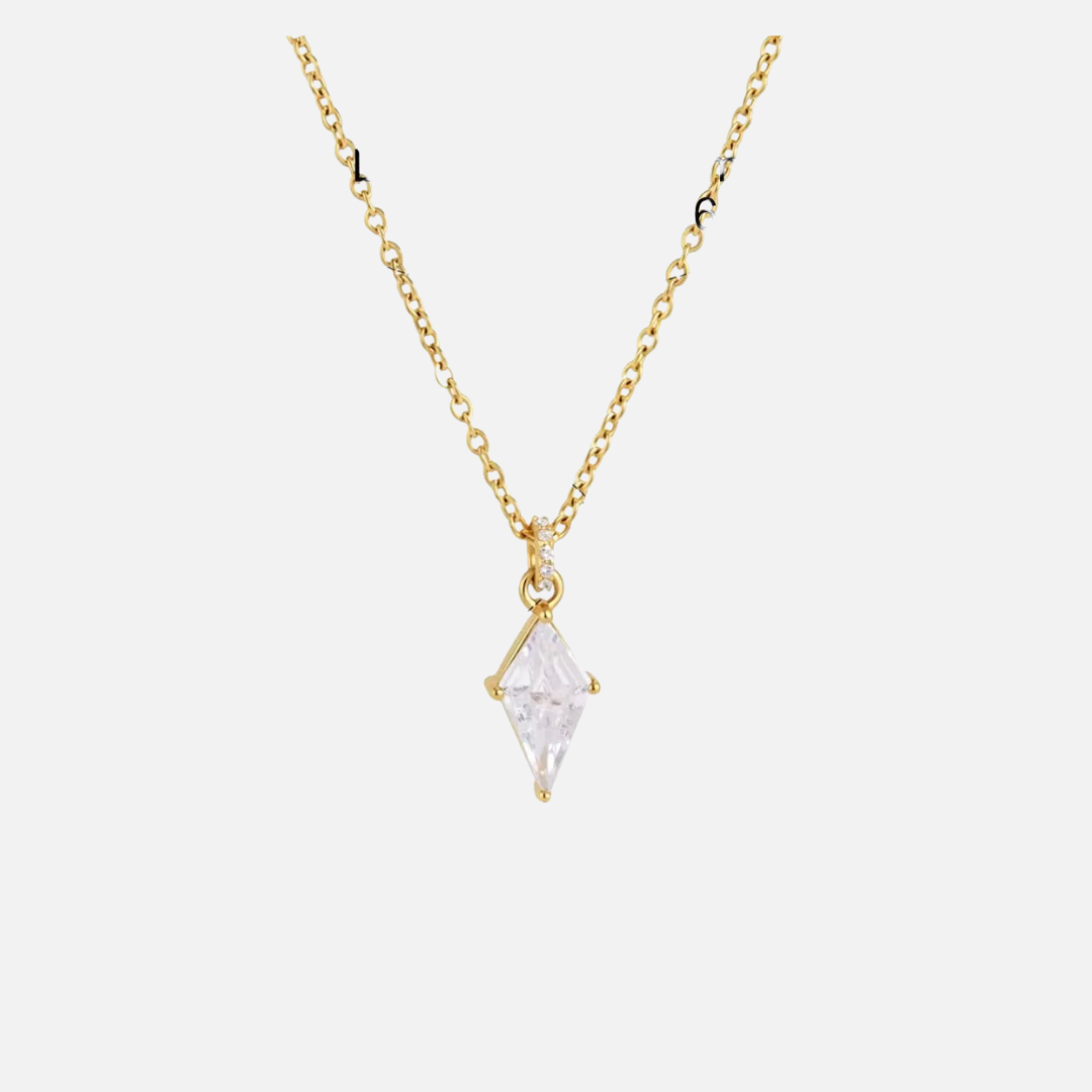 Collier doré en acier inoxydable avec pendentif losange transparent