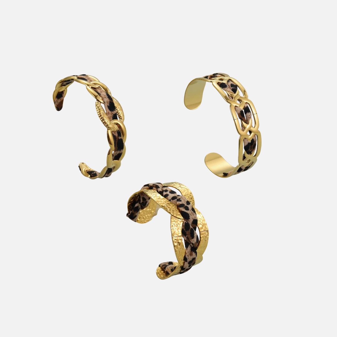 Bracelet manchette léopard en acier inoxydable – jonc ouvert avec tissu imprimé animal