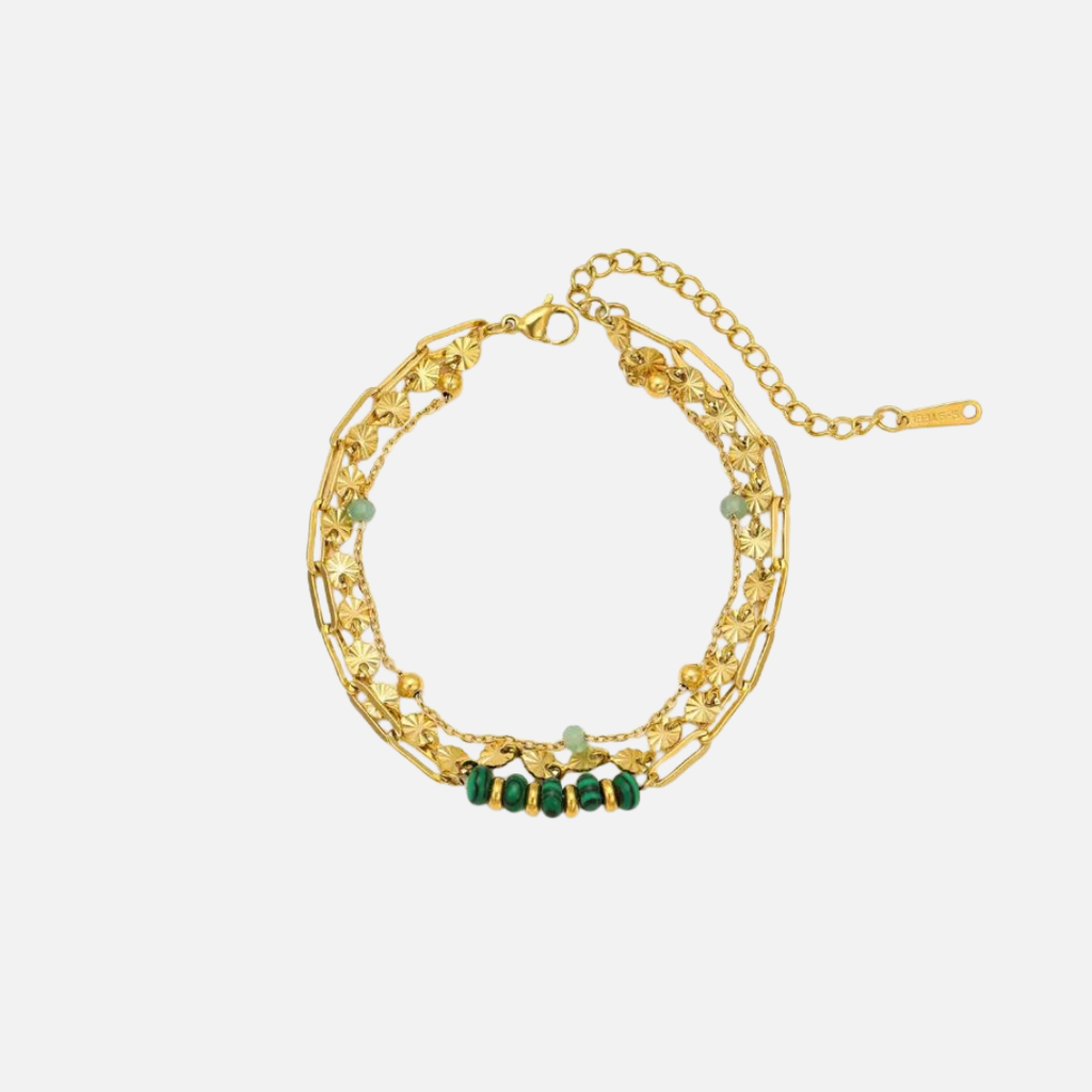 Bracelet multi-rangs en acier inoxydable avec pierres vertes