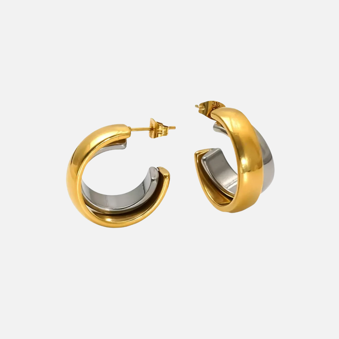 Boucles d'oreilles créoles bicolores dorées et argentées en acier inoxydable
