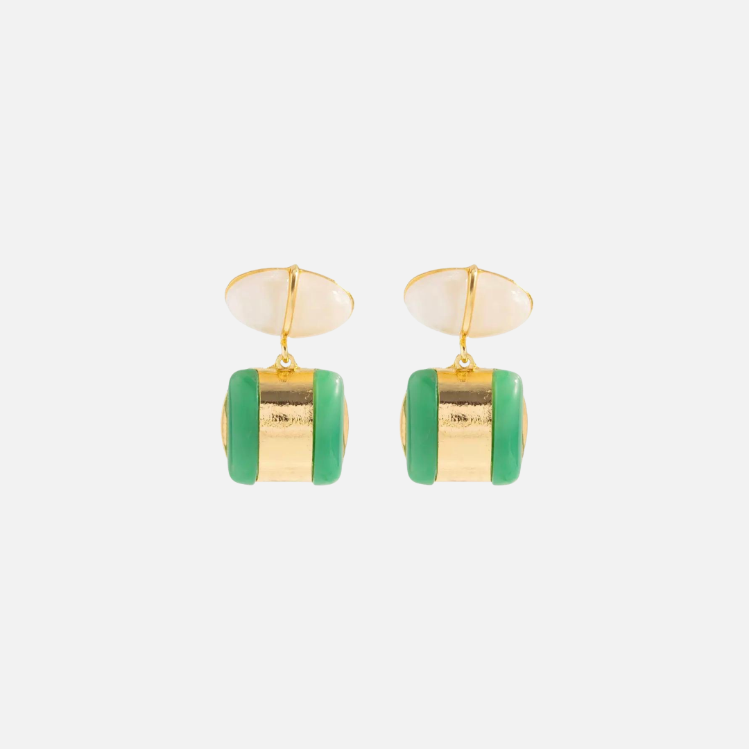 Boucles d’oreilles fantaisie pendantes géométriques vertes, blanches et dorées