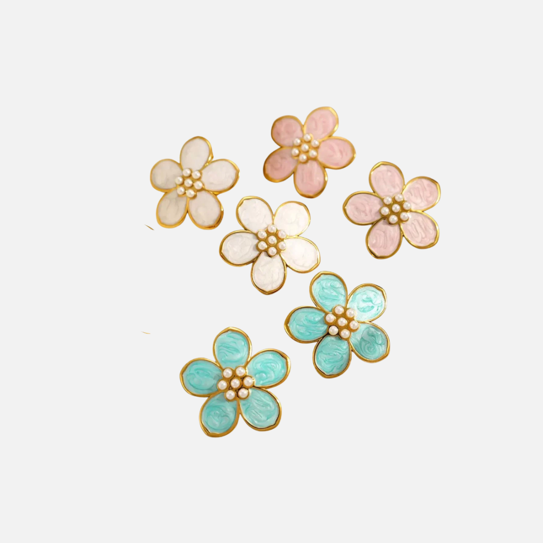 Boucles d’oreilles fleurs en acier inoxydable doré à pétales colorés et perles