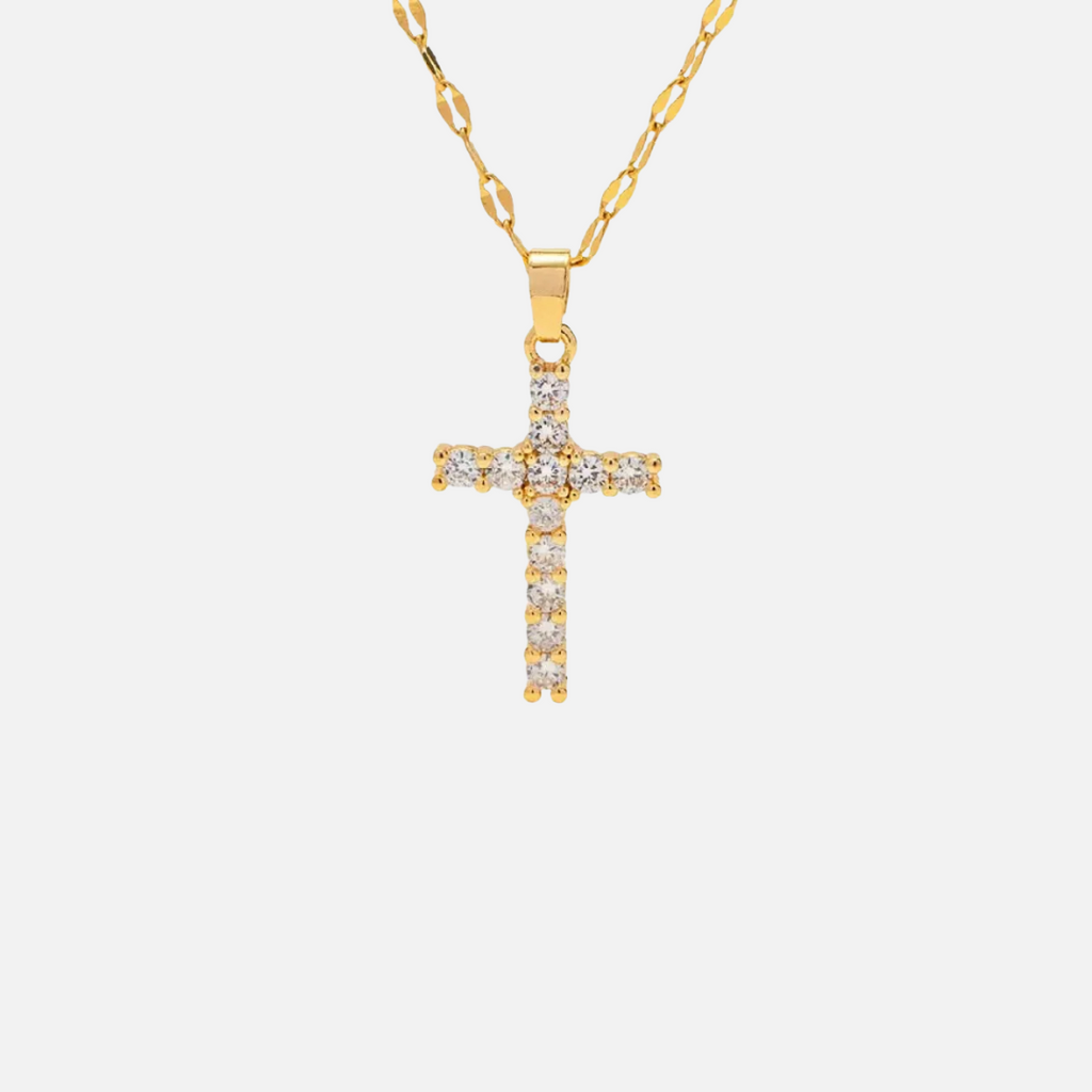 Collier croix dorée en acier inoxydable et pierres