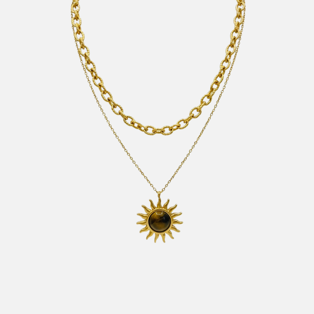 Collier chaîne double en acier inoxydable avec pendentif soleil