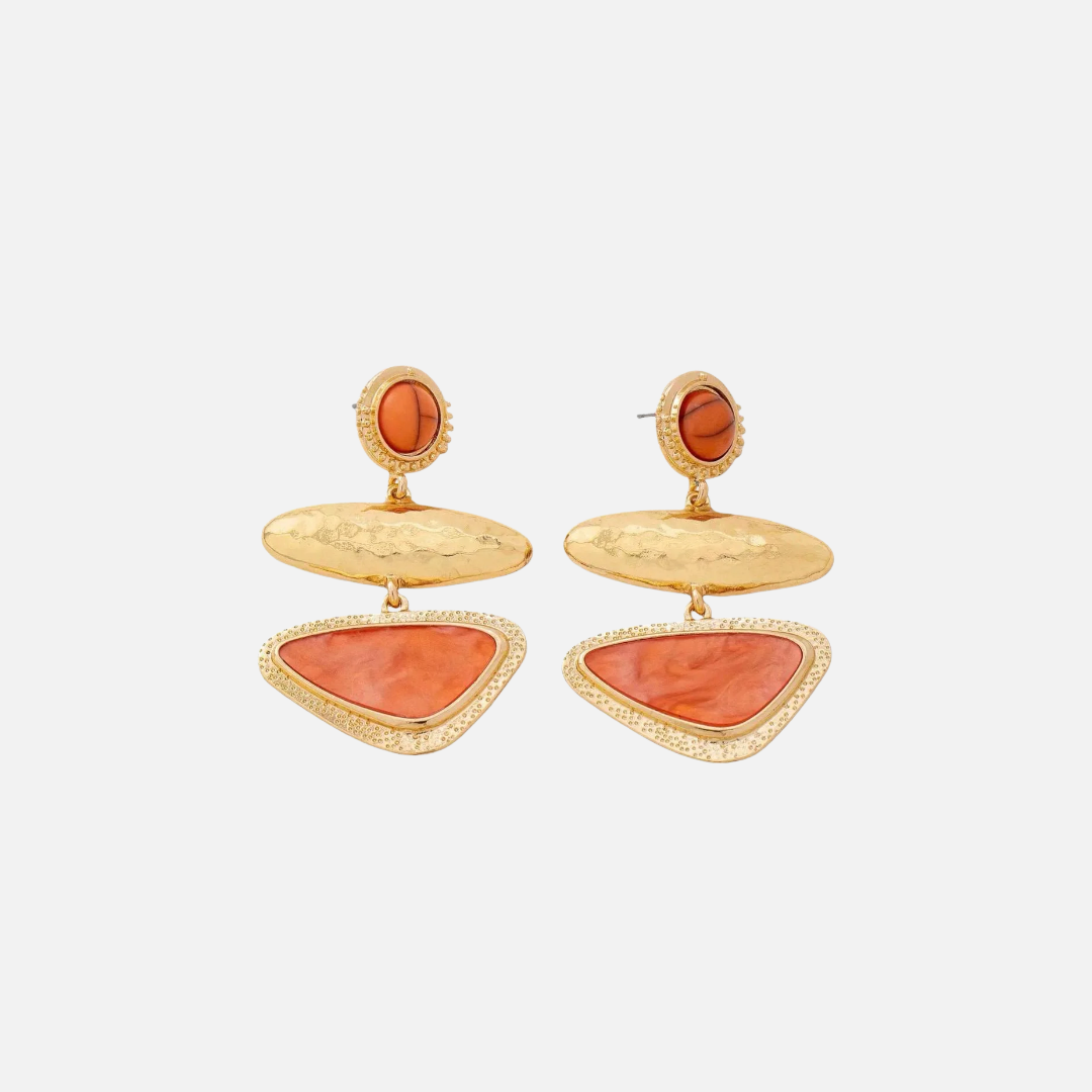 Boucles d’oreilles fantaisie pendantes dorées à pendentifs géométriques orange corail