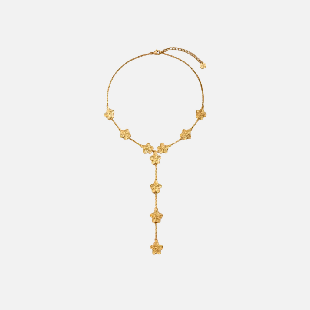 Collier Y en acier inoxydable doré à fleurs pendantes et chaîne fine
