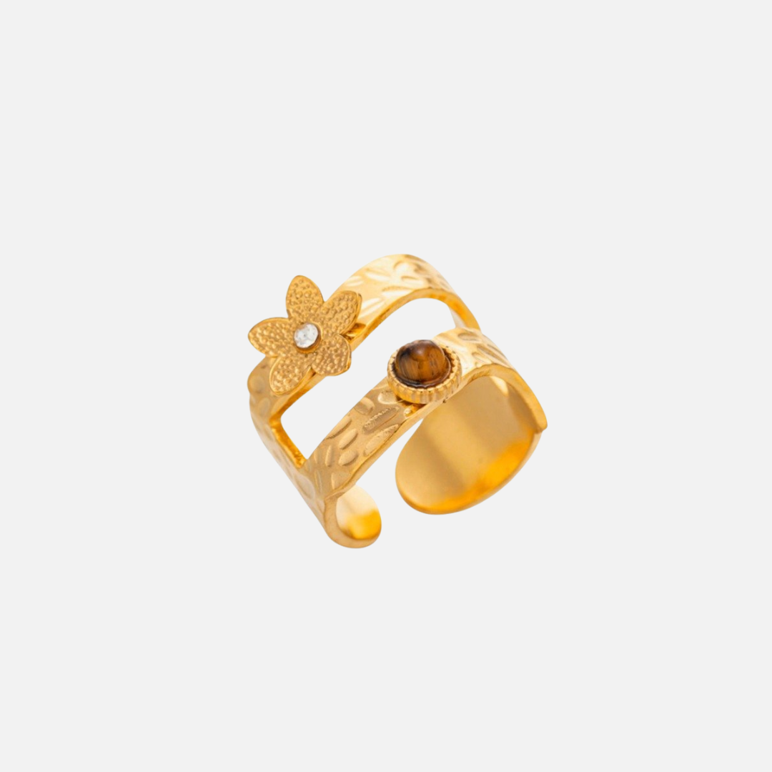 Bague ouverte martelée fleur en acier inoxydable