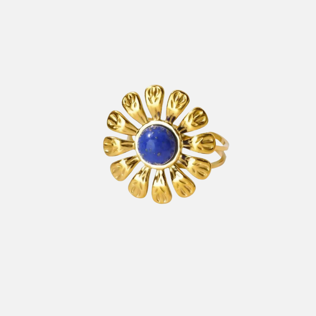 Bague fleur pierre lapis lazuli en acier inoxydable