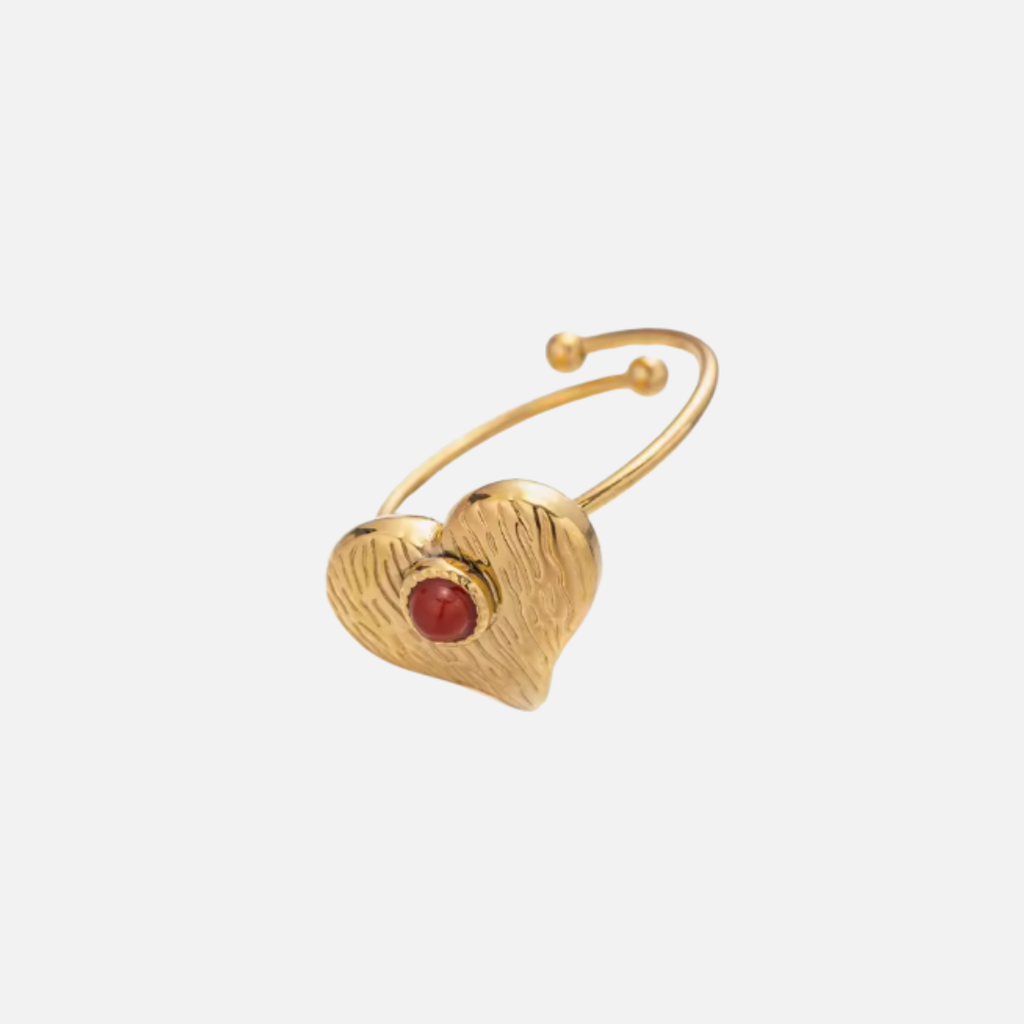 Bague cœur texturé en acier inoxydable avec pierre rouge