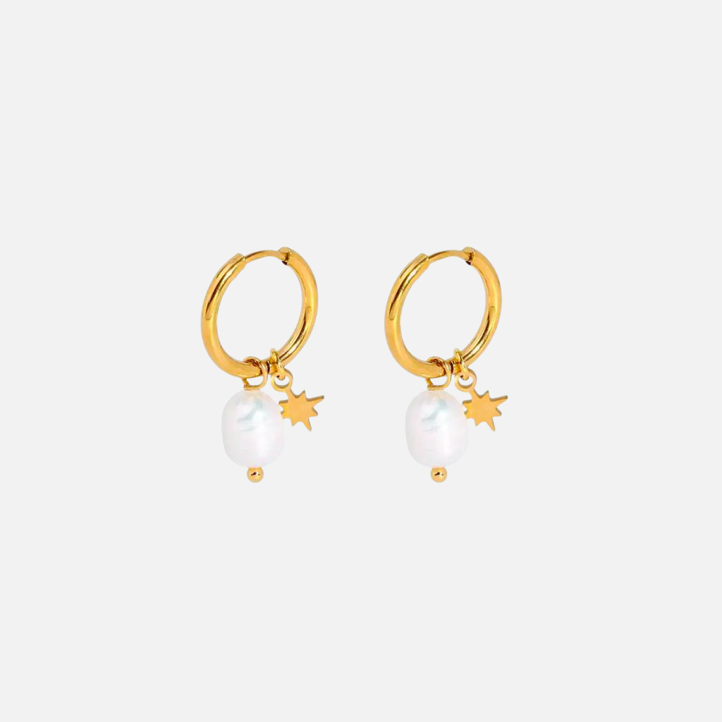 Boucles d’oreilles créoles en acier inoxydable avec perle et étoile