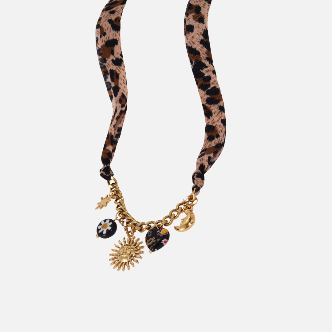 Collier ruban léopard et pendentifs soleil en acier inoxydable