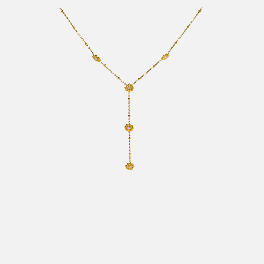 Collier Y fleurs dorées en acier inoxydable – chaîne fine et pendentif floral