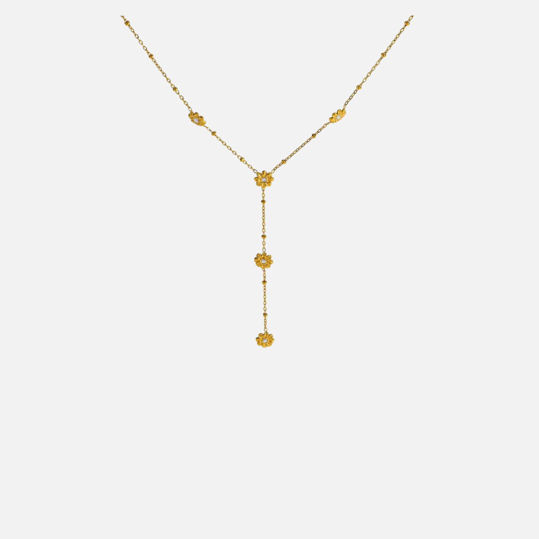 Collier Y fleurs dorées en acier inoxydable – chaîne fine et pendentif floral