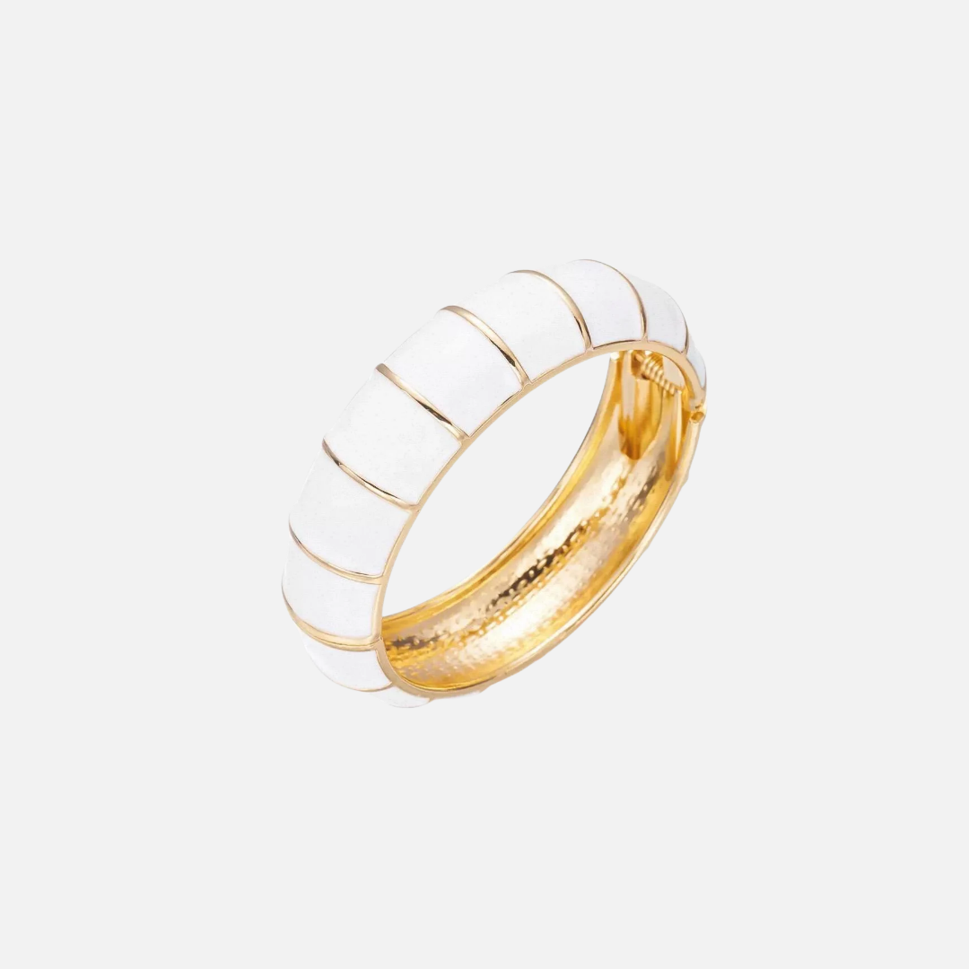 Bracelet jonc rigide fantaisie large en métal doré et blanc à segments bombés
