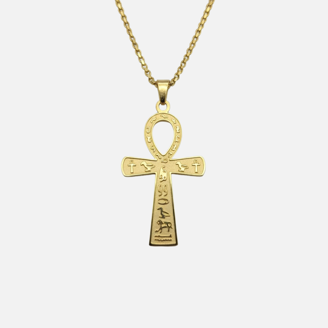 Collier croix Ankh égyptienne gravée en acier inoxydable