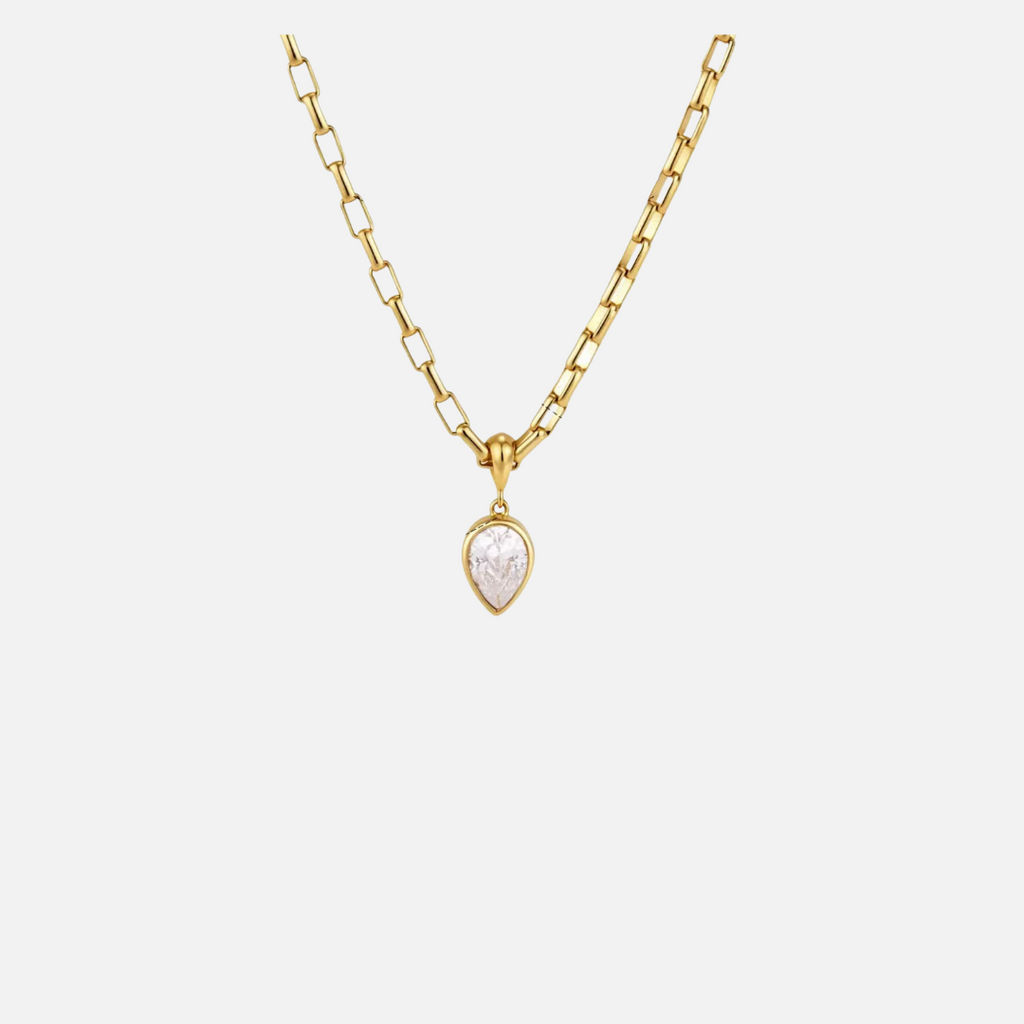Collier doré en acier inoxydable à pendentif goutte et pierre transparente