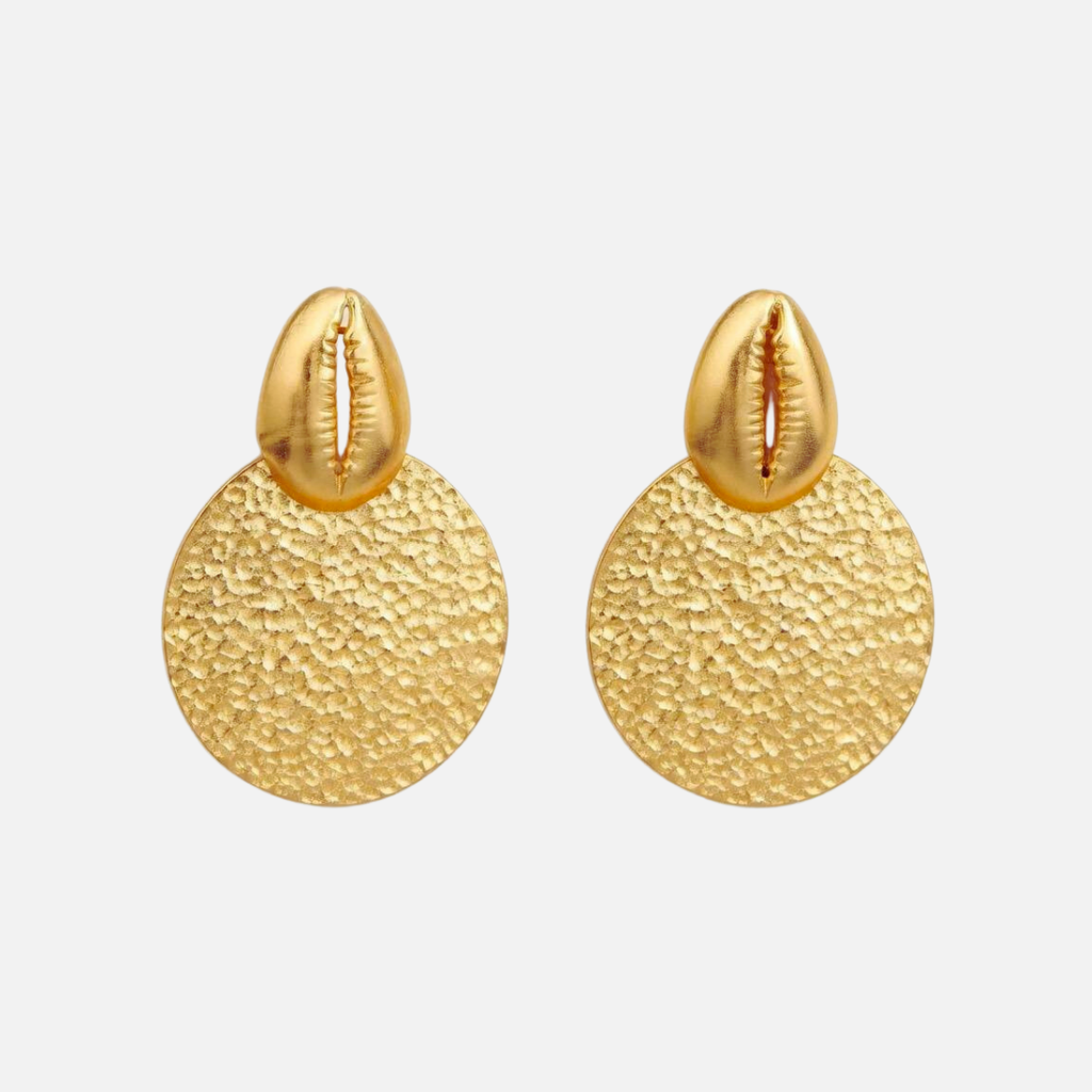 Boucles d’oreilles cauris et disque martelé en acier inoxydable