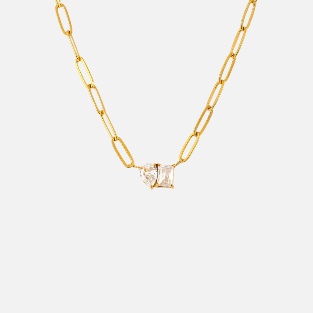 Collier chaîne en acier inoxydable avec double pierre zircon