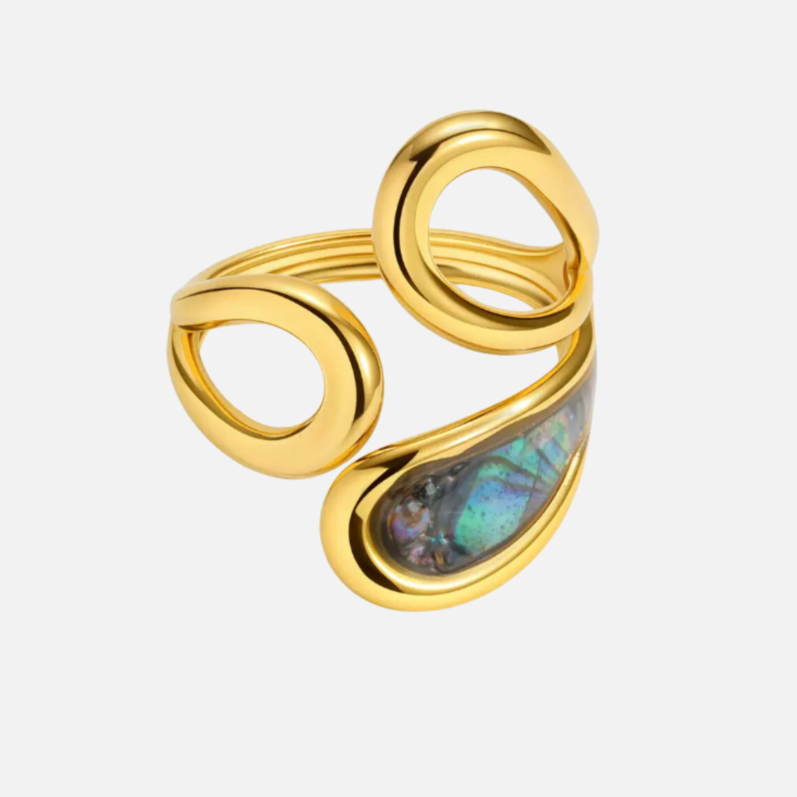 Bague ouverte en acier inoxydable avec pierre irisée