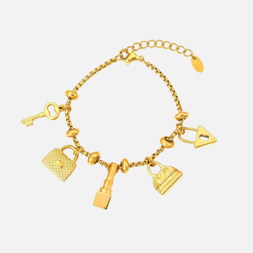 Bracelet charms clé, sacs, rouge à lèvres et cadenas en acier inoxydable