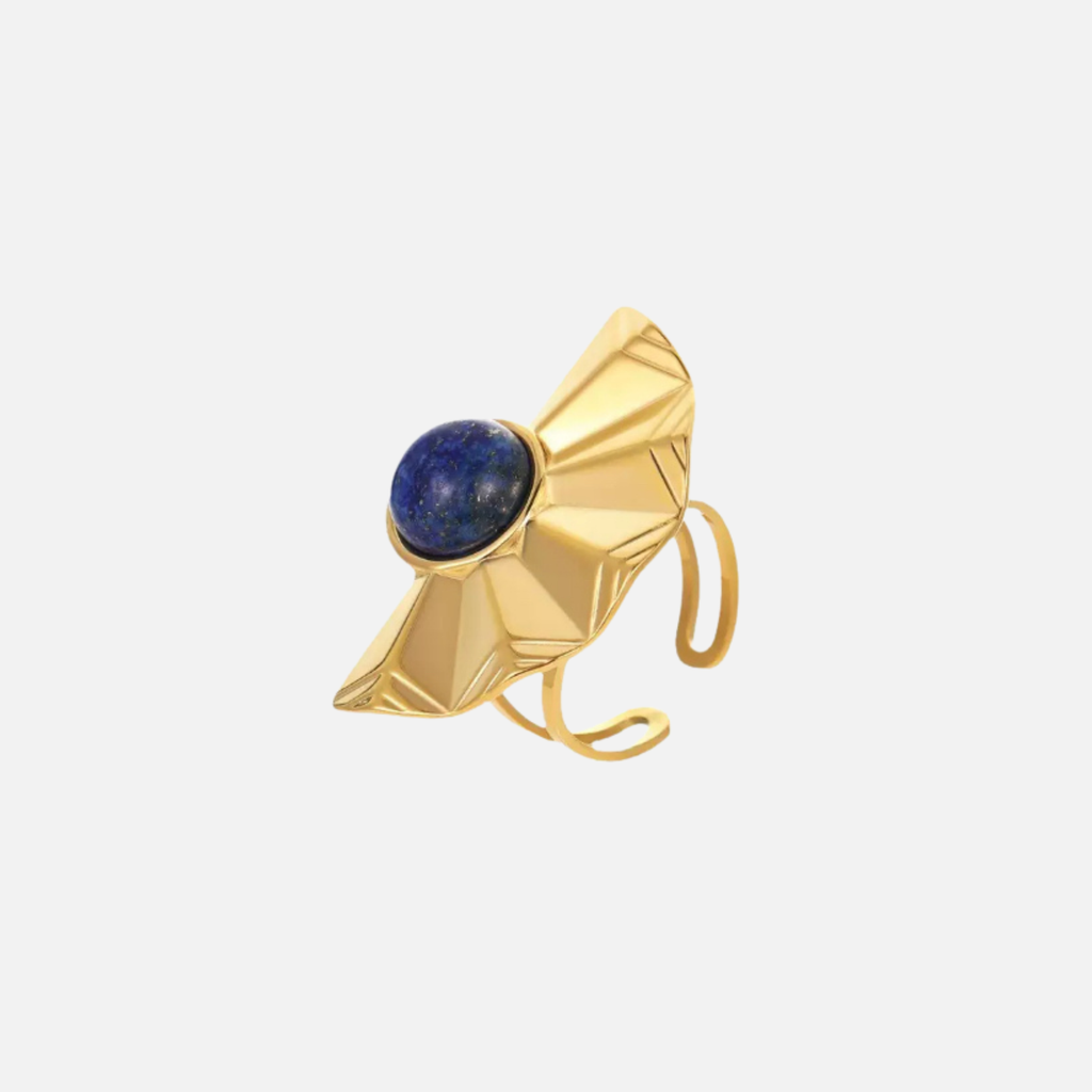 Bague éventail pierre bleue en acier inoxydable