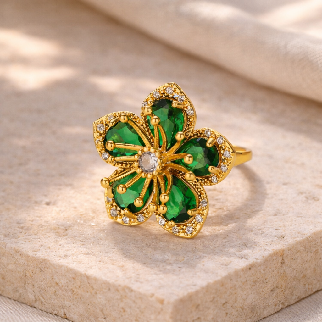 Bague fleur en acier inoxydable avec pierres vertes
