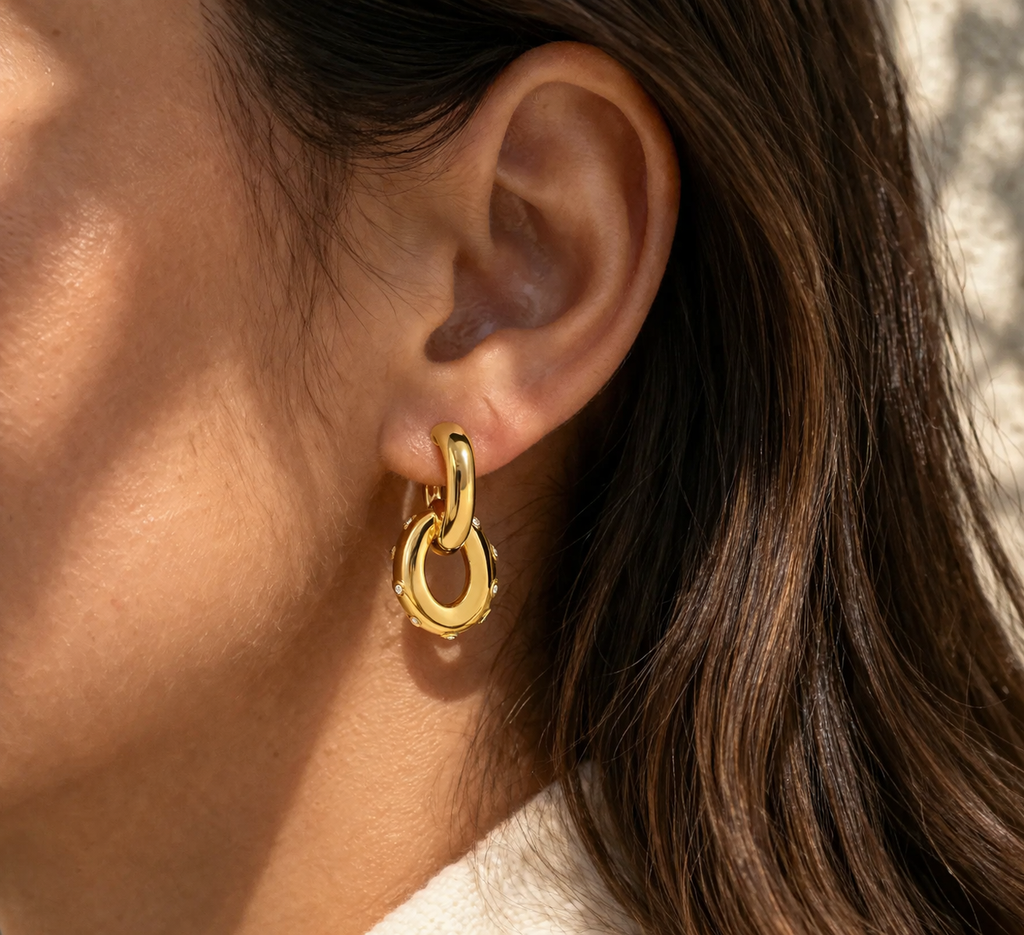 Boucles d’oreilles anneaux pendants  en acier inoxydable avec strass