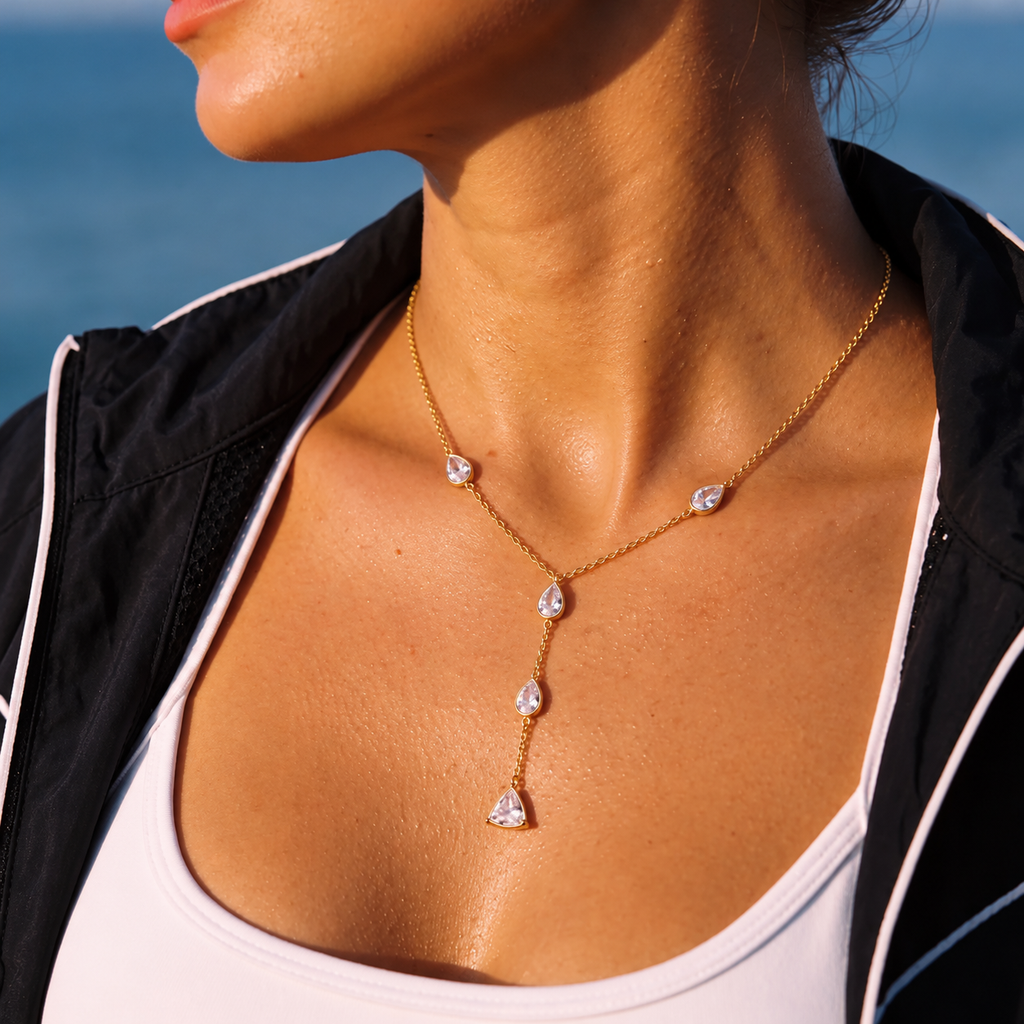 Collier Y en acier inoxydable – pendentif gouttes scintillantes en acier inoxydable