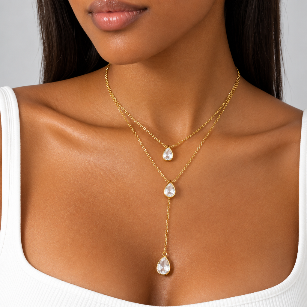 Collier double rang en Y doré en acier inoxydable avec pendentifs goutte