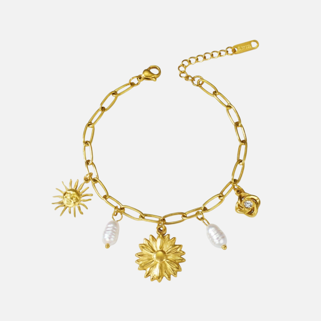 Bracelet charms soleil en acier inoxydable avec perles