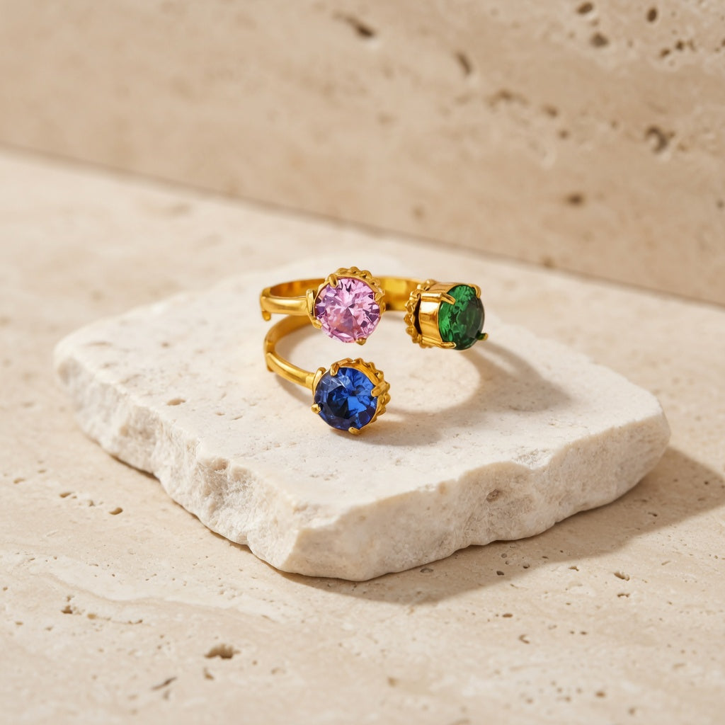 Bague en acier inoxydable avec pierres colorées