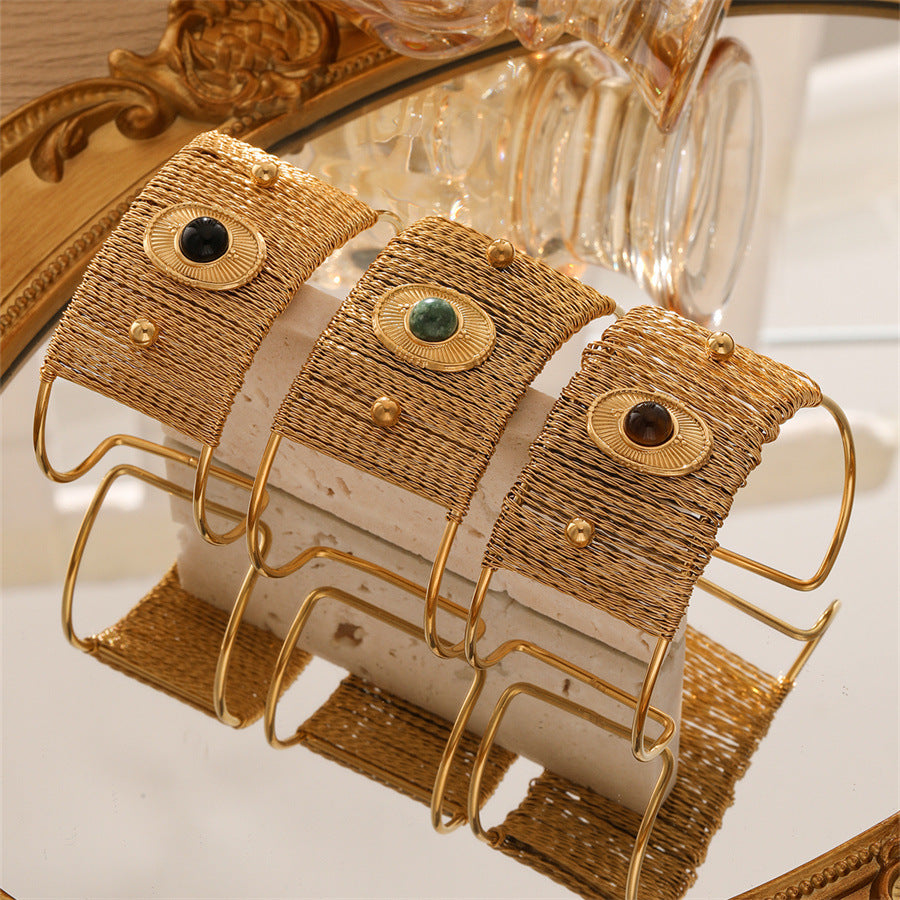 Bracelet manchette texturé en acier inoxydable avec pierre