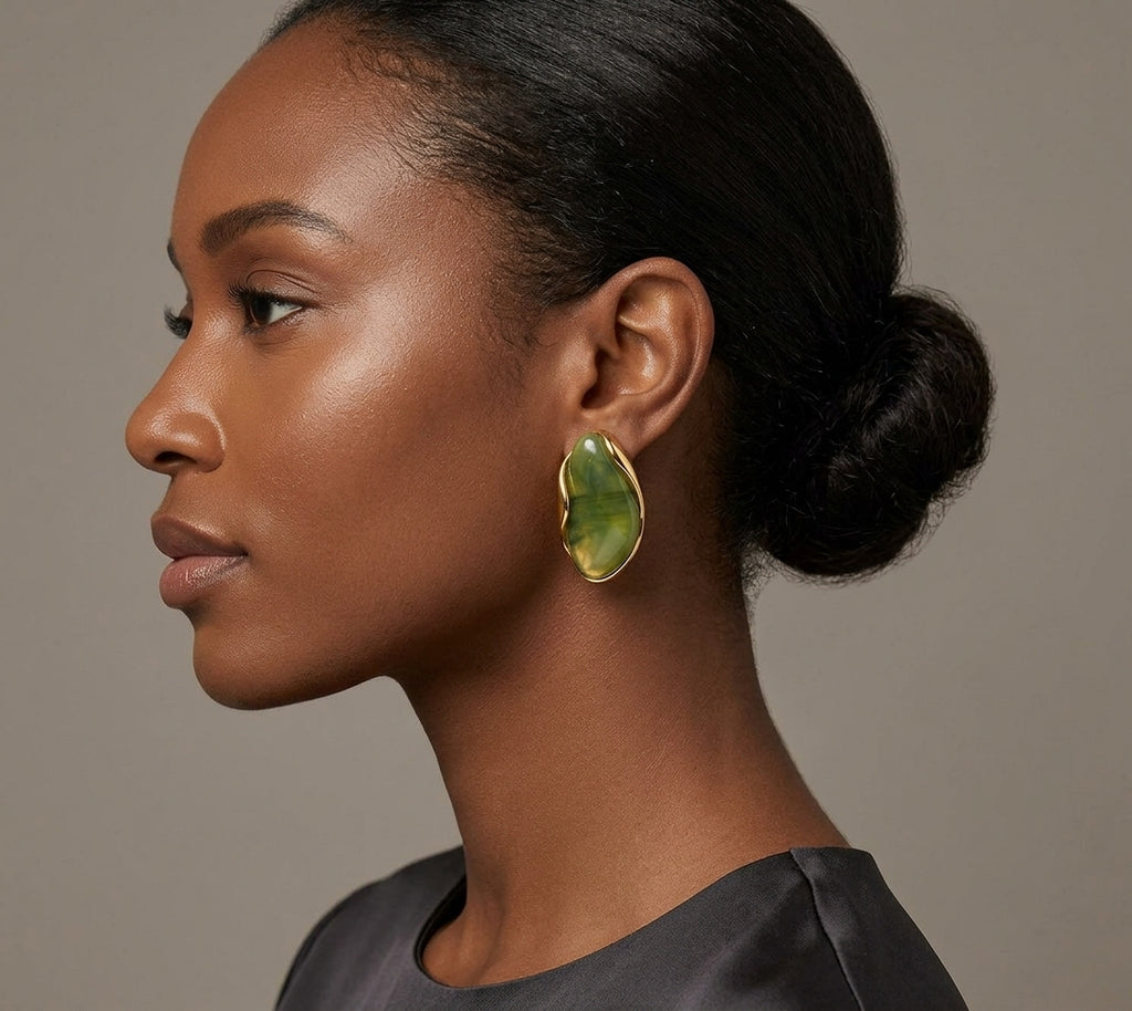 Boucles d’oreilles femme effet pierre marbrée en acier inoxydable doré – 5 coloris