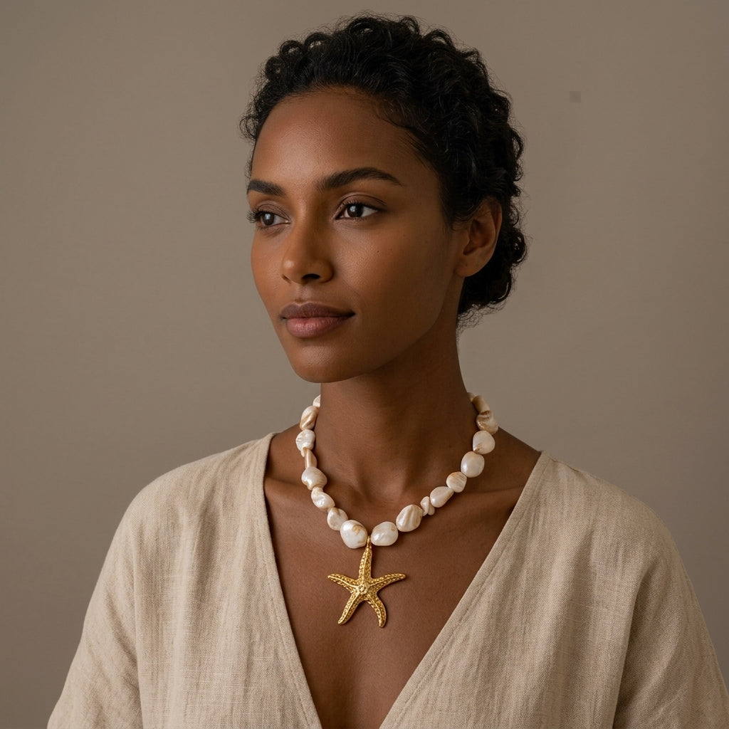 Colliers océan en coquillages avec pendentif doré