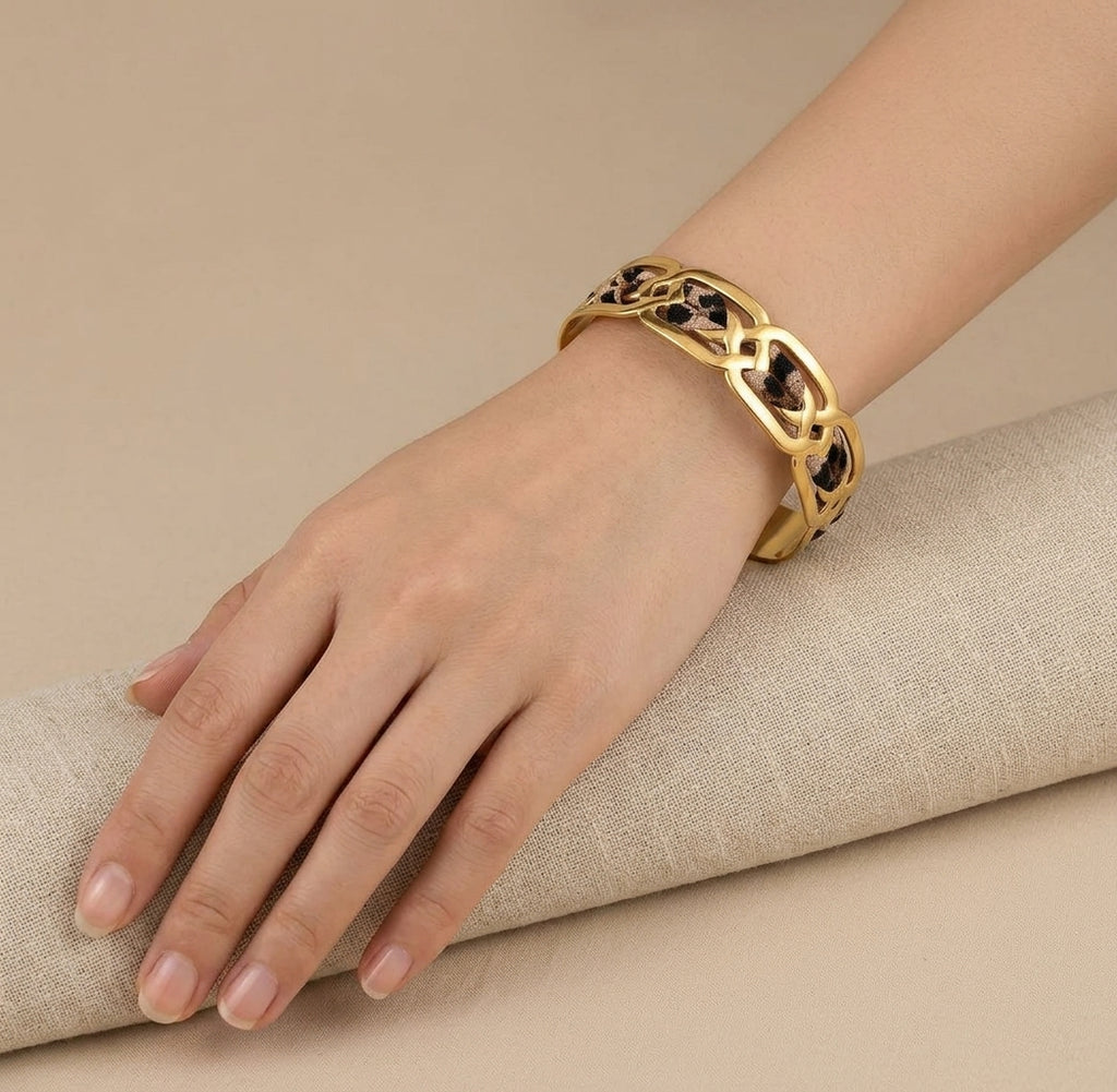 Bracelet manchette léopard en acier inoxydable – jonc ouvert avec tissu imprimé animal