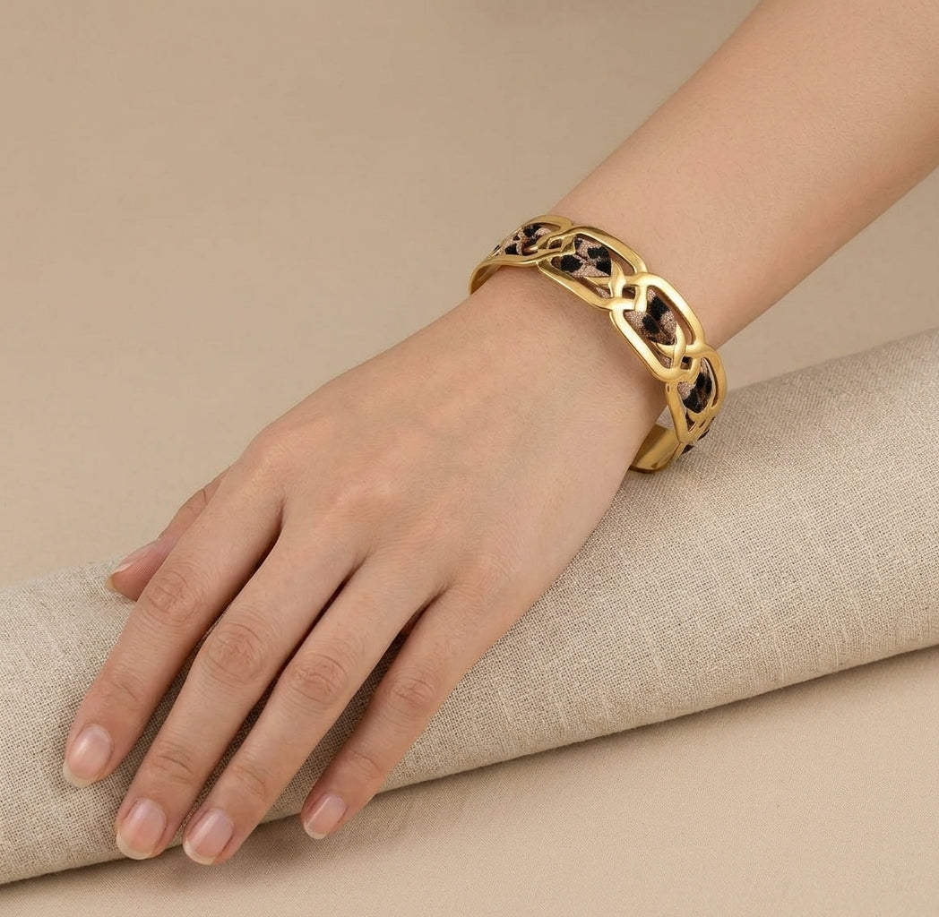 Bracelet manchette léopard en acier inoxydable – jonc ouvert avec tissu imprimé animal